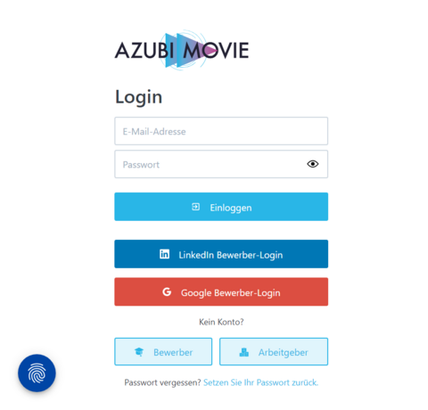 AzubiMovie Anmeldefenster mit verschiedenen Auswahlmöglichkeiten zur Registrierung